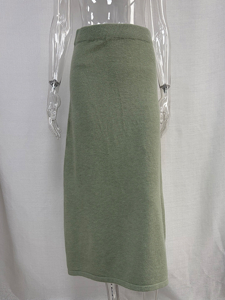 Stand Collar Zip-Up Knit Cardigan & Midi Skirt Set in Sage Green — skirt front view