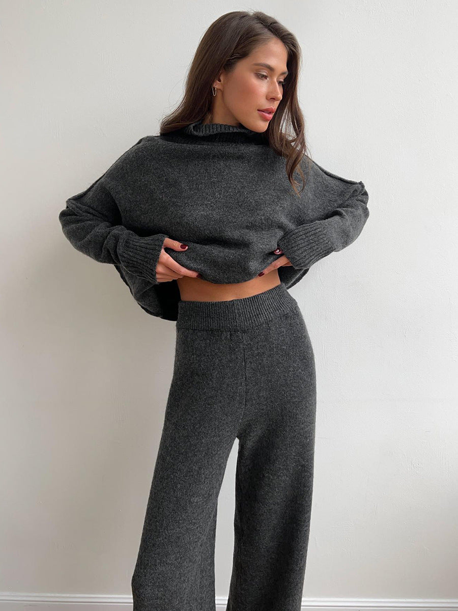 Oversized Turtleneck Sweater & Wide-Leg Knit Pants Set in Charcoal — set worn on model, front view