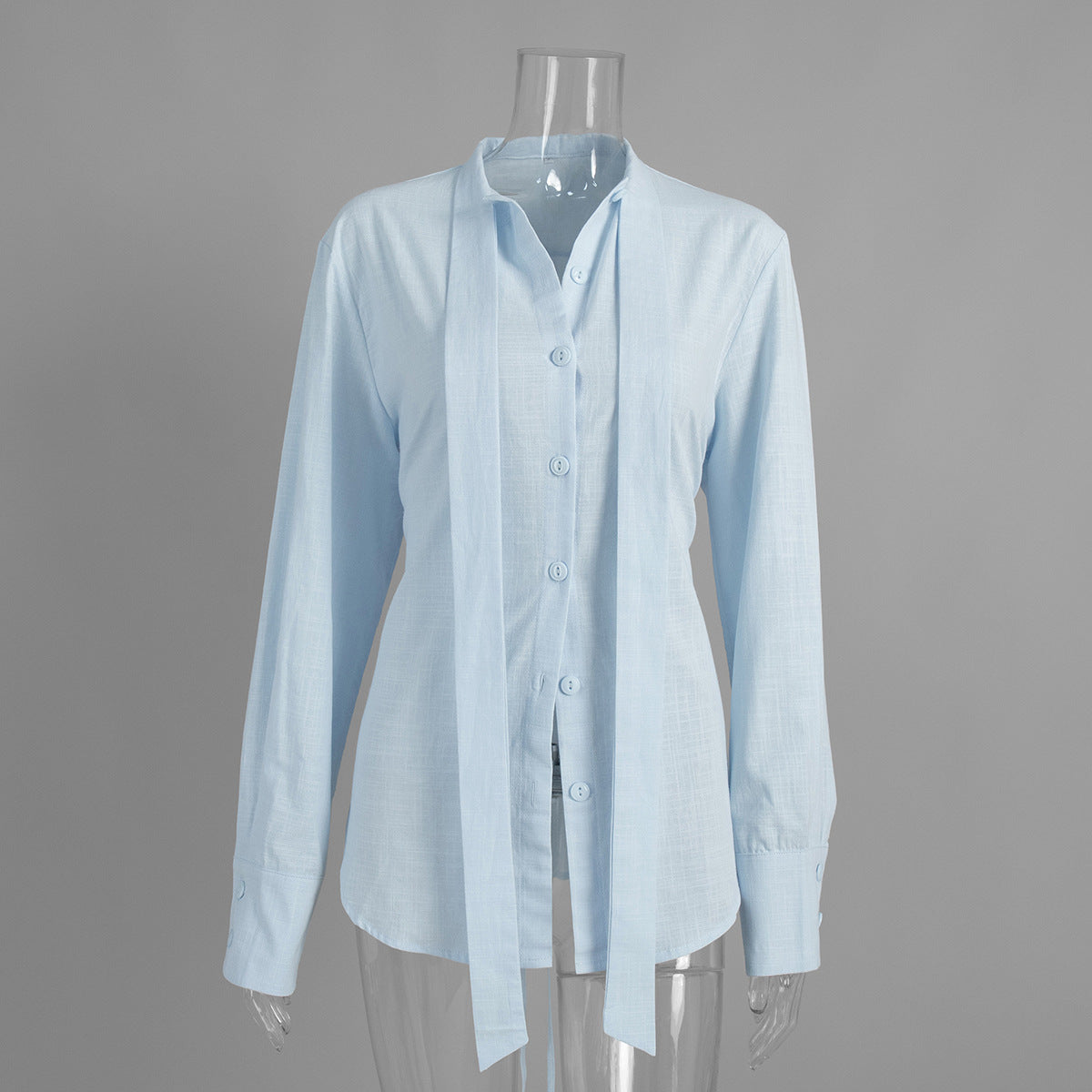 Cotton Tie-Neck Shirt with Lace-Up Back in Light Blue — front view on mannequin