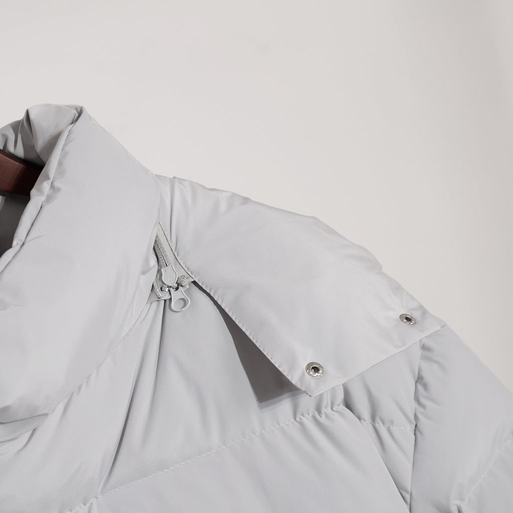 Matte Oversized Hooded Puffer Jacket in Light Gray — close-up of the collar snap and zip