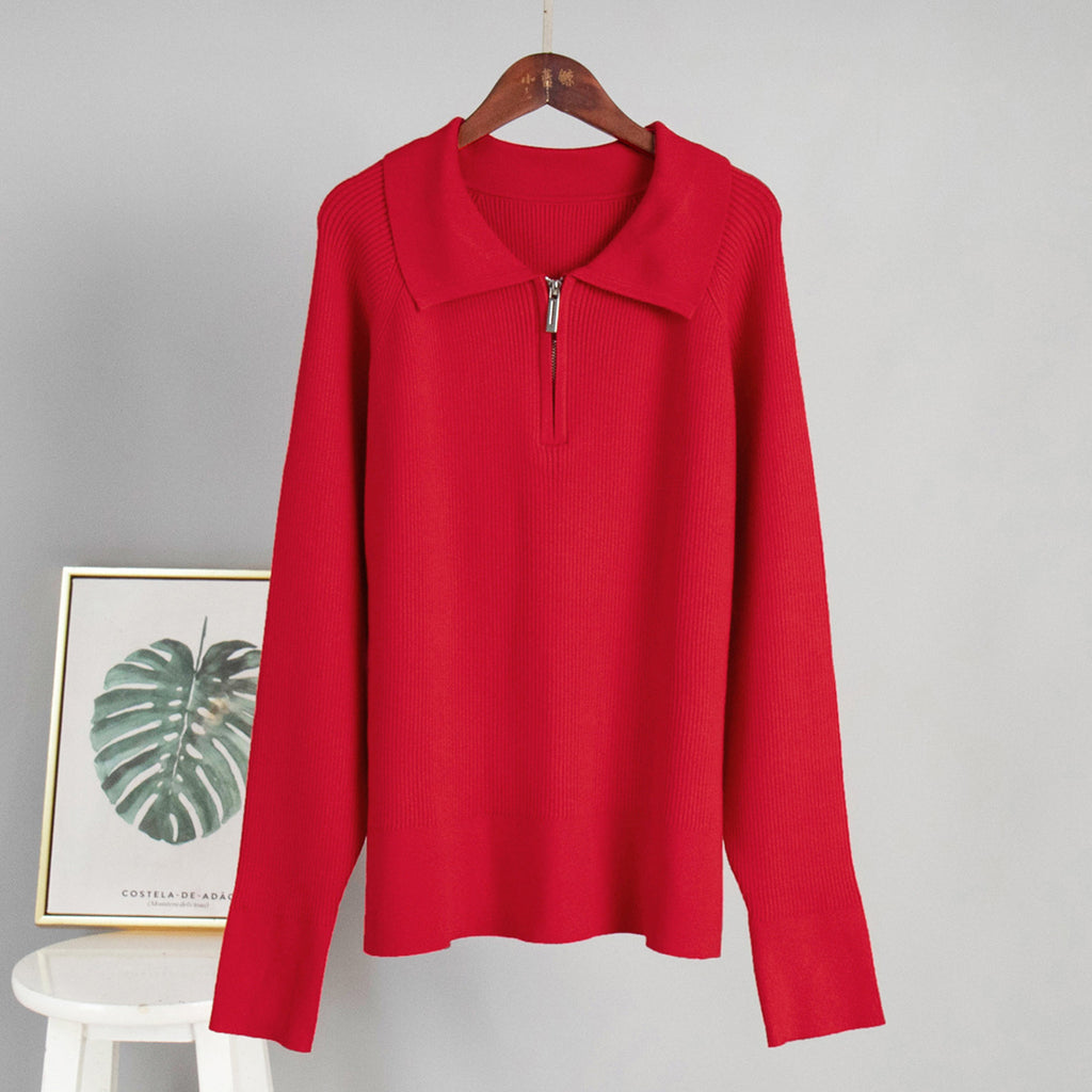 Quarter-Zip Polo Collar Ribbed Sweater in Red — front view