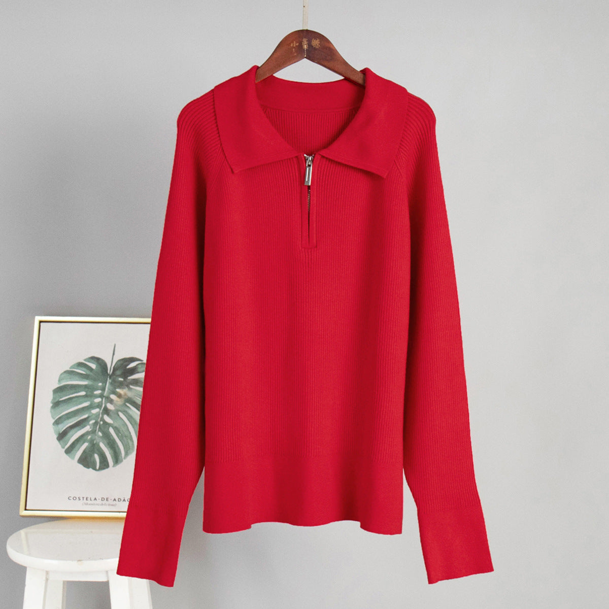 Quarter-Zip Polo Collar Ribbed Sweater in Red — front view