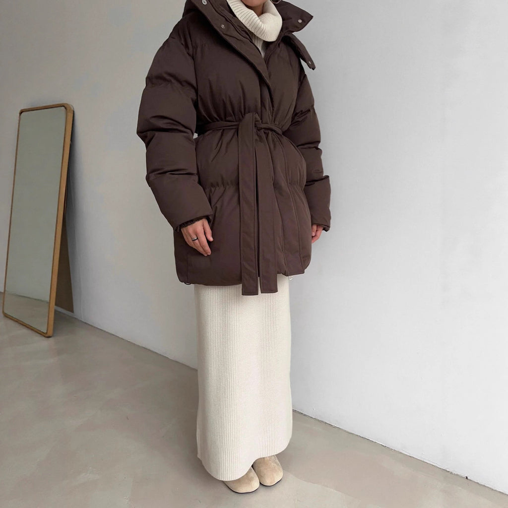 Belted Hooded Puffer Jacket with Zip Front in Espresso Brown — front view on model