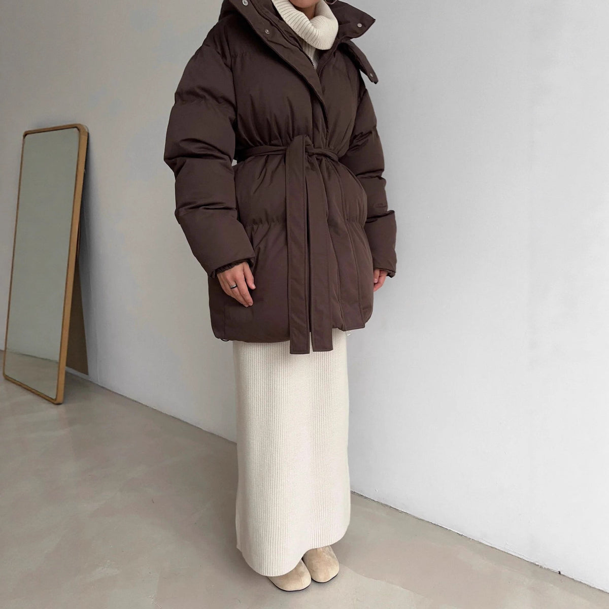 Belted Hooded Puffer Jacket with Zip Front in Espresso Brown — front view on model