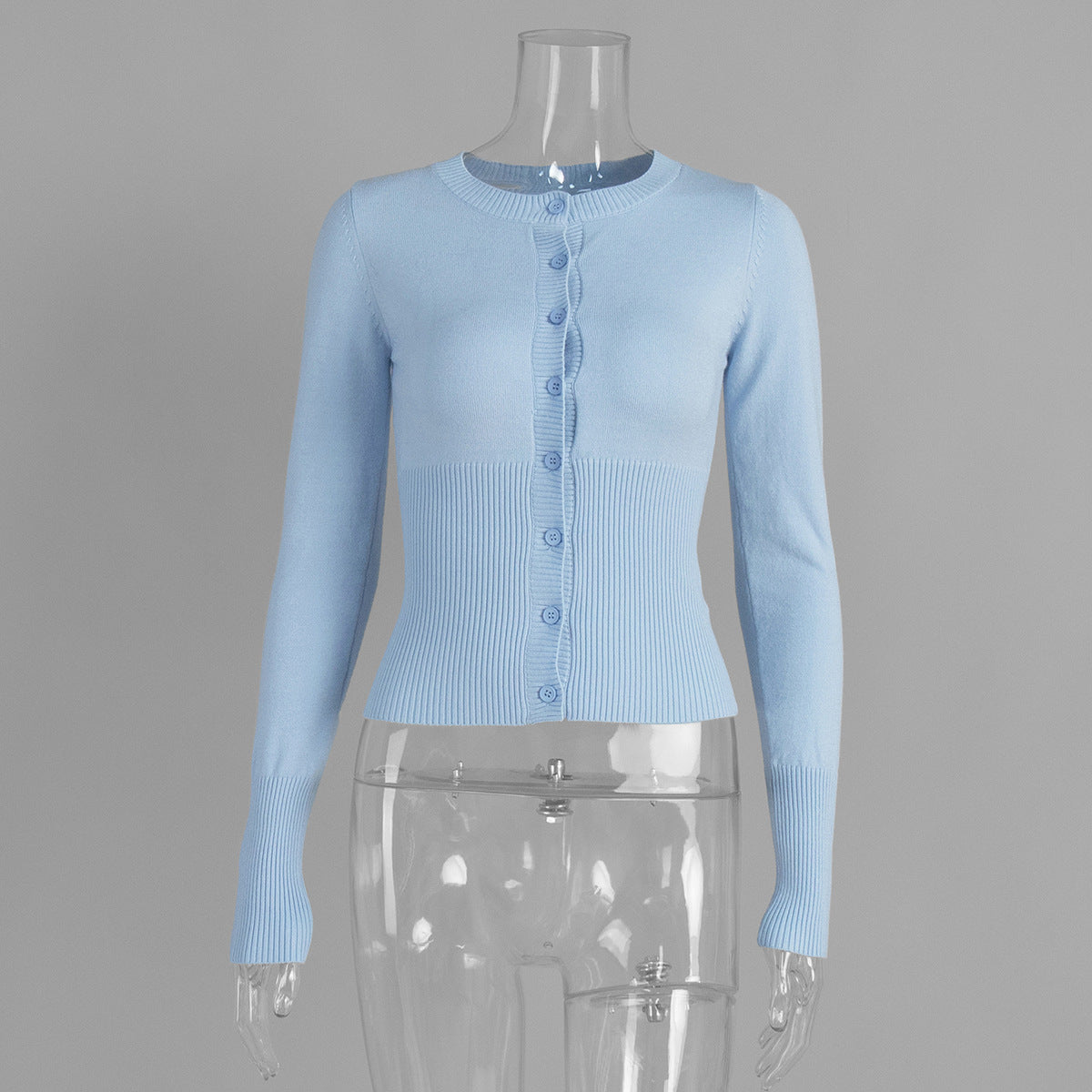 Fitted Cropped Ribbed Knit Cardigan in Baby Blue — front view