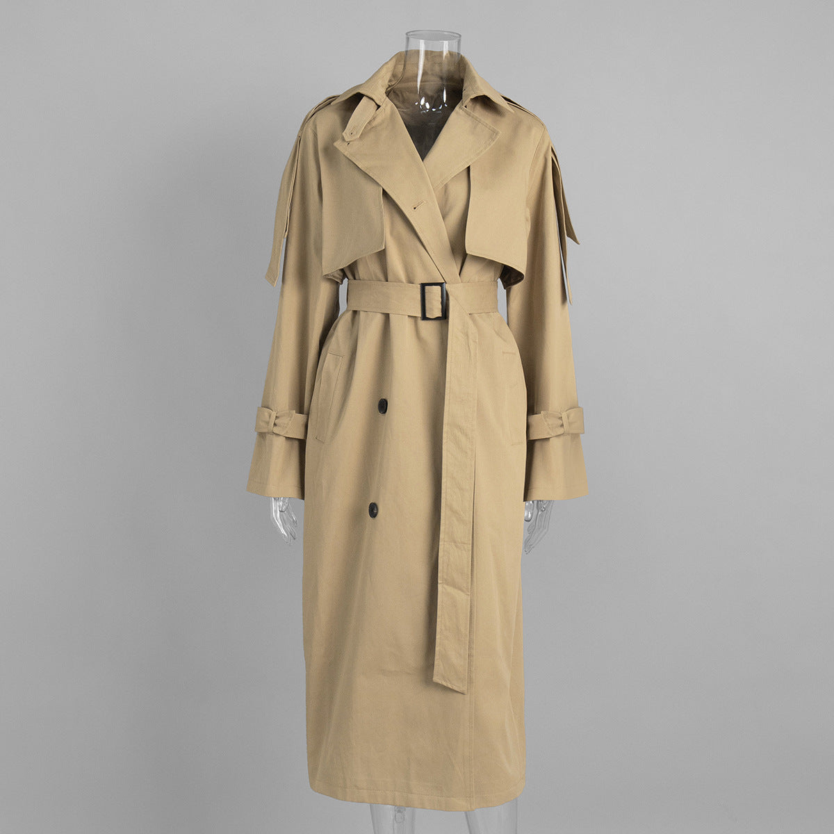 Classic Long Double-Breasted Cotton Trench Coat in Classic Khaki — front view