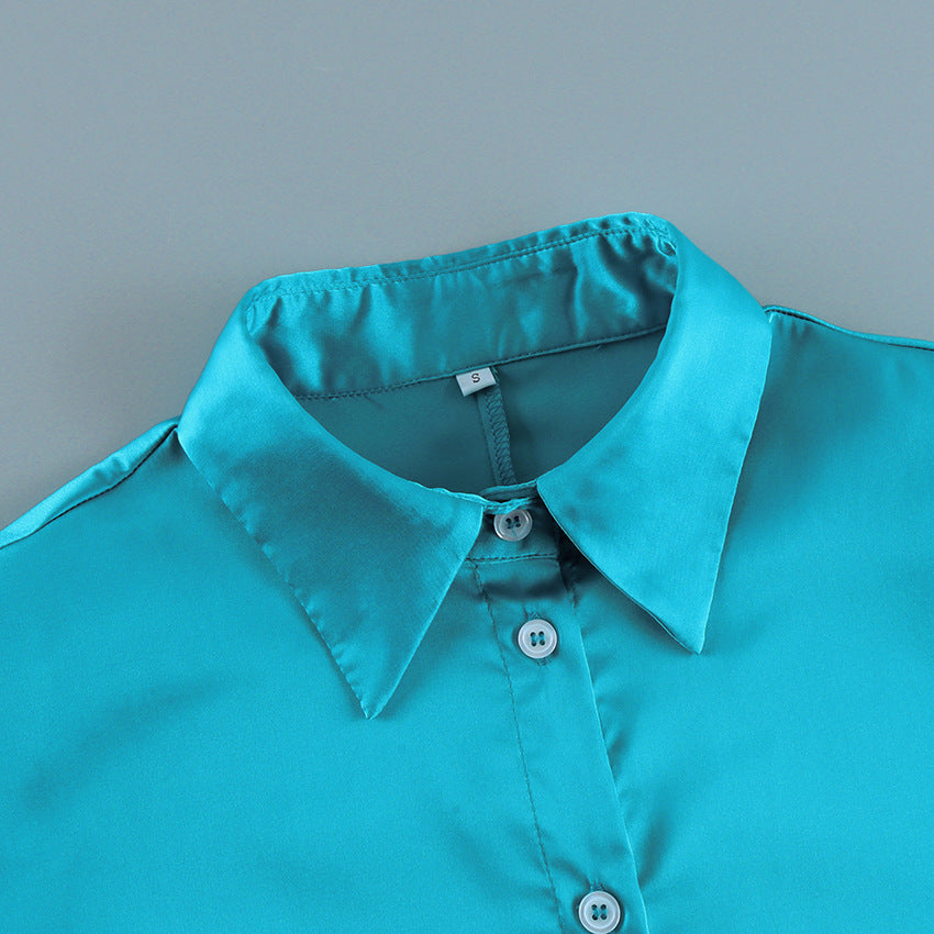 Fitted Stretch Satin Button-Up Shirt in Teal — close-up of the collar