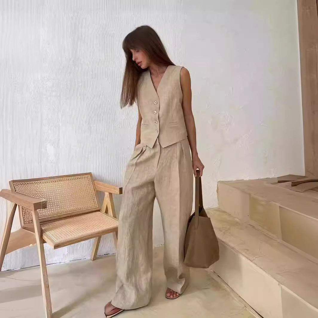 Linen-Blend Vest & Wide-Leg Pants Set in Khaki — front view on model