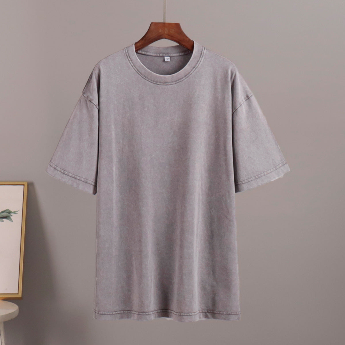 Oversized Washed Cotton Crewneck Tee in Light Grey — on hanger