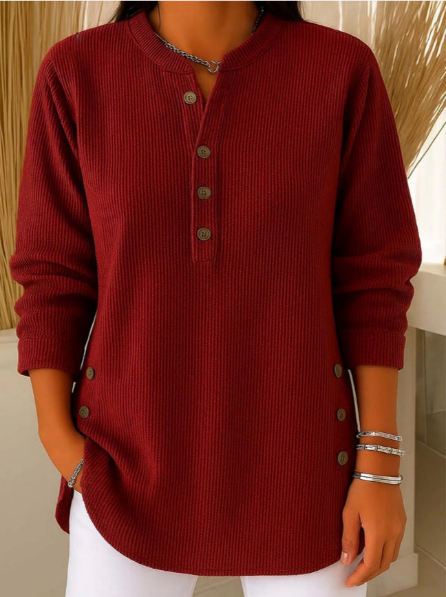 Ribbed Henley Top with Side Buttons in Burgundy — front view on model