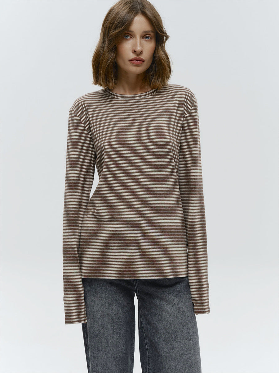Striped Cotton Crew Neck Long Sleeve Tee in Mocha Stripe — on model