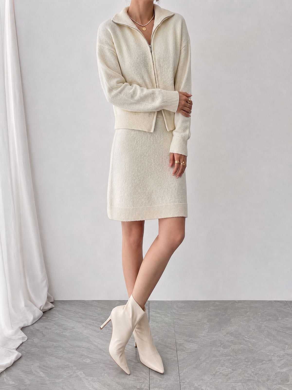 Collared Zip Cardigan and Knit Mini Skirt Set in Ivory — full-length view on model