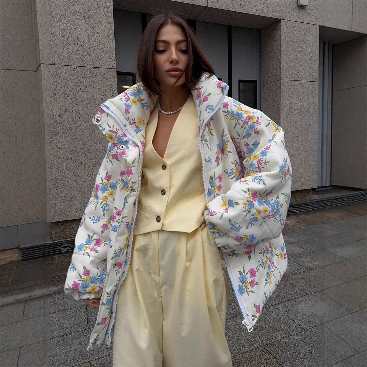 Floral Print Puffer Jacket with Stand Collar in Cream Floral — worn open on model