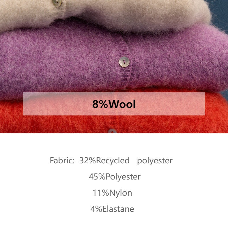 Fuzzy Wool-Blend Crew-Neck Button Cardigan in Lilac — fabric content