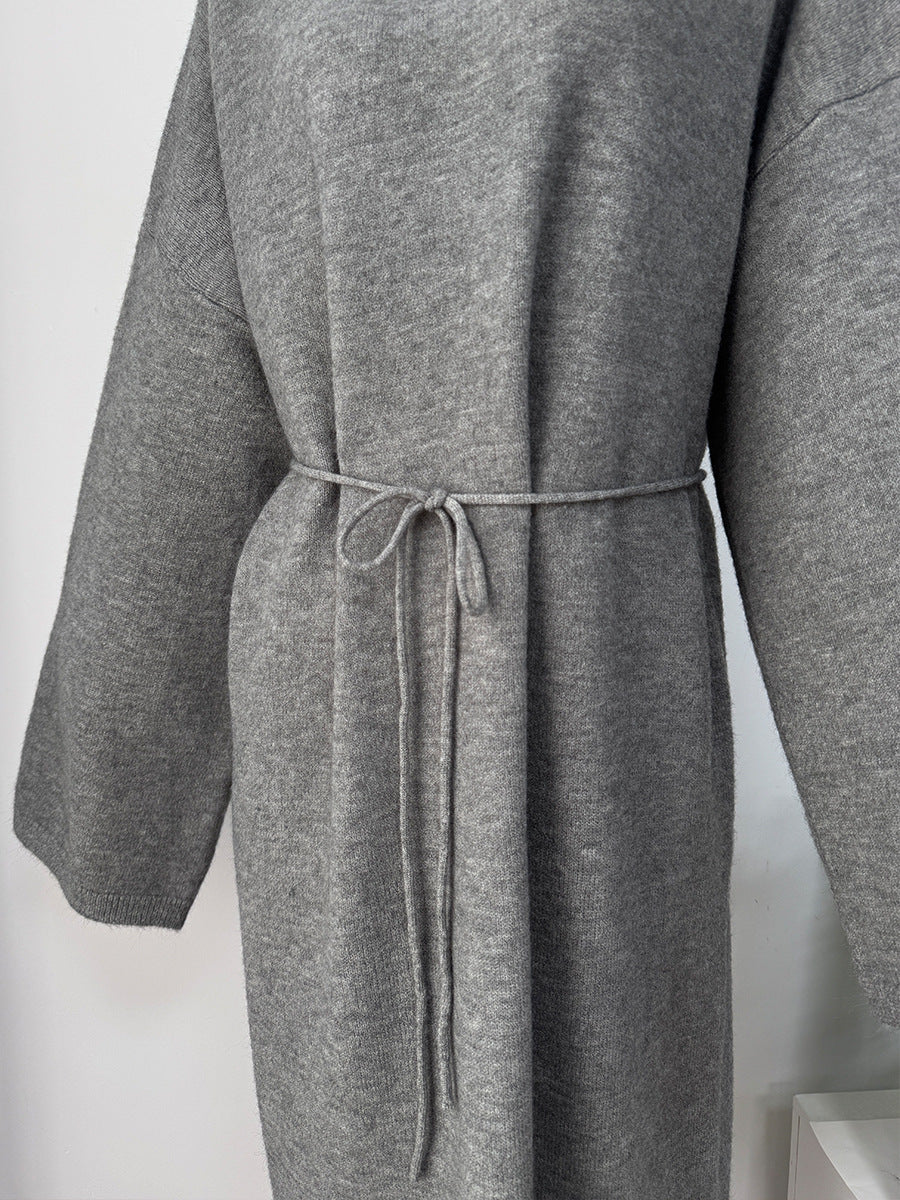 Relaxed Knit Maxi Sweater Dress with Tie Waist in Heather Gray — close-up of the tie waist