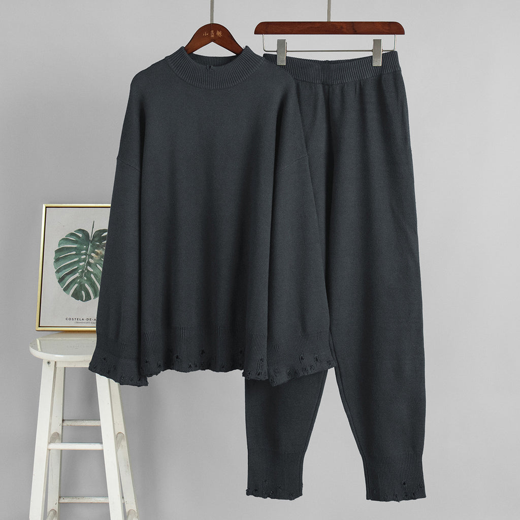 Distressed-Hem Oversized Knit Sweater & Jogger Set in Charcoal — set front view