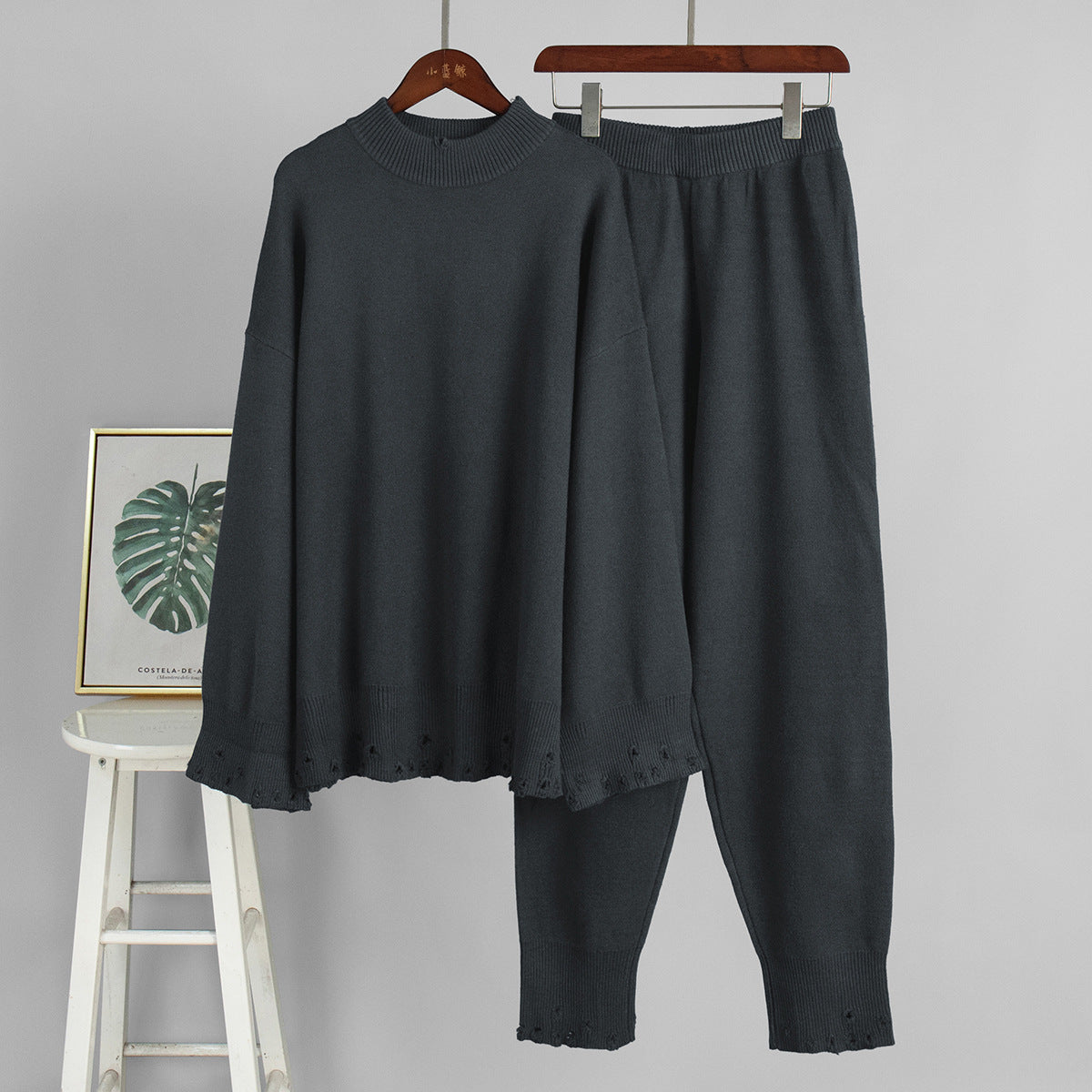 Distressed-Hem Oversized Knit Sweater & Jogger Set in Charcoal — set front view