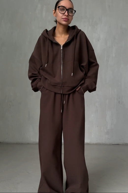 Oversized Zip-Up Hoodie & Wide-Leg Sweatpants Set in Brown — full-length front view on model