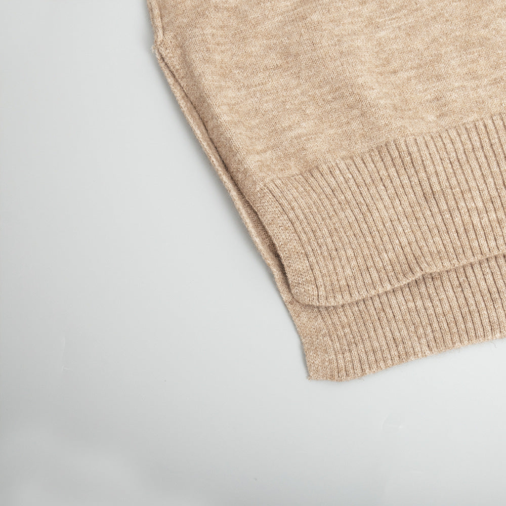 Oversized Turtleneck Sweater & Wide-Leg Knit Pants Set in Camel — close-up of the split hem