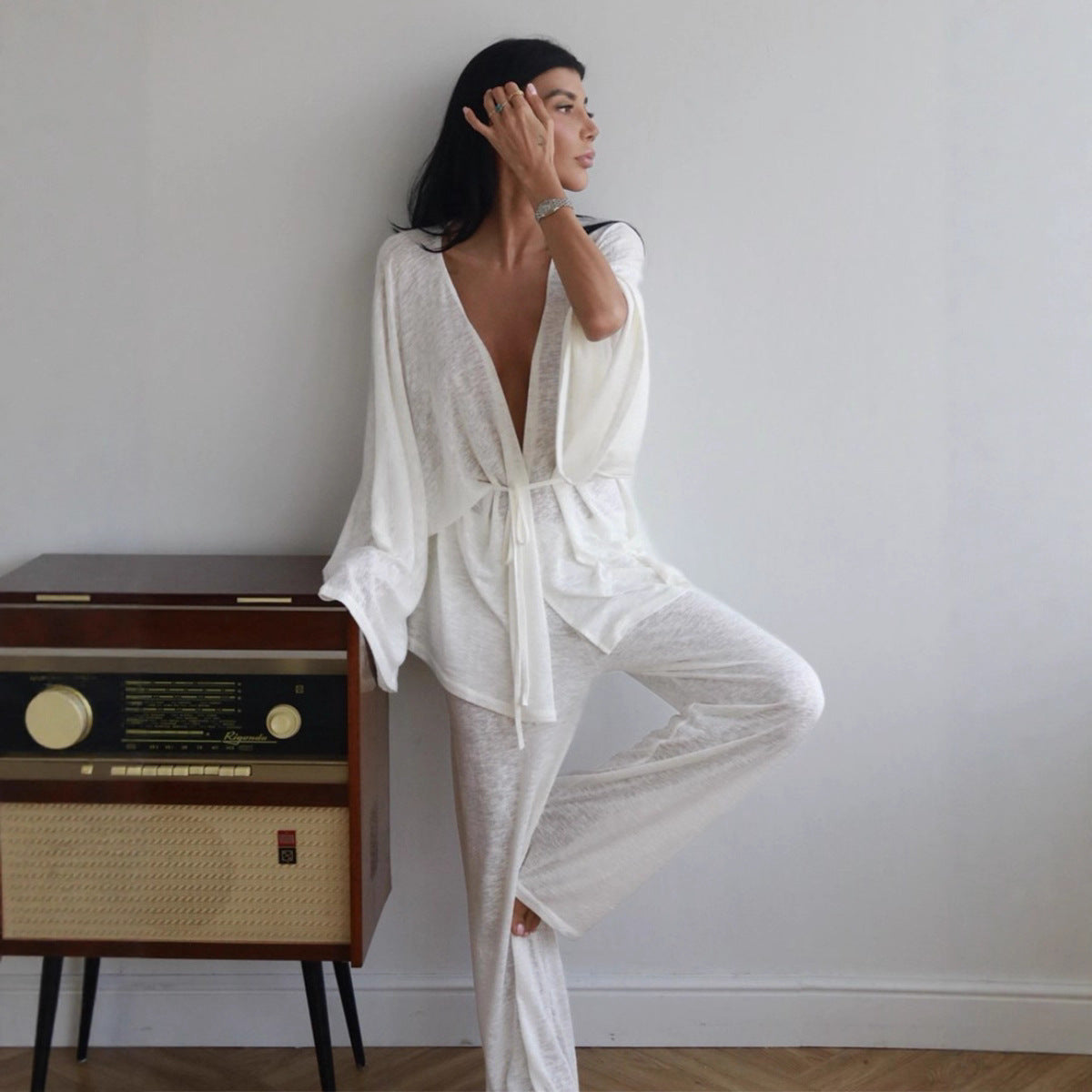 Wrap Tie Top & Wide-Leg Lounge Pants Set in White — set detail / color reference