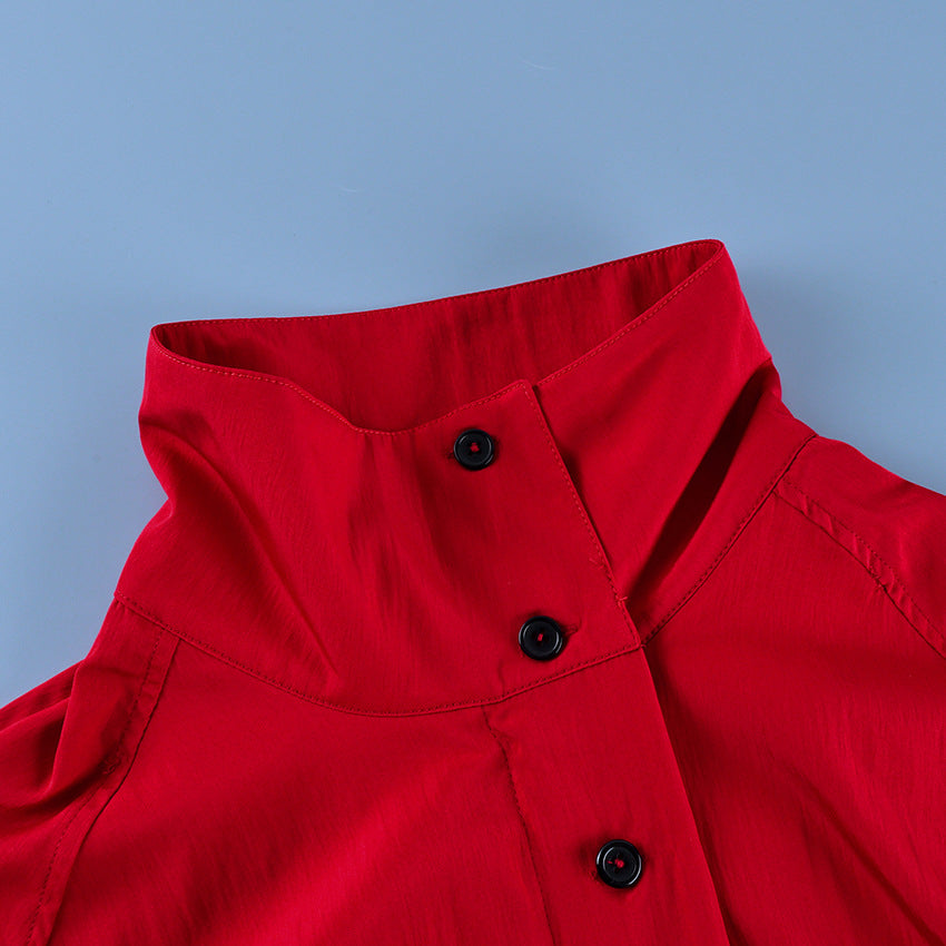 Button-Placket Stand-Collar Jacket with Elastic Cuffs in Red — close-up of the stand collar