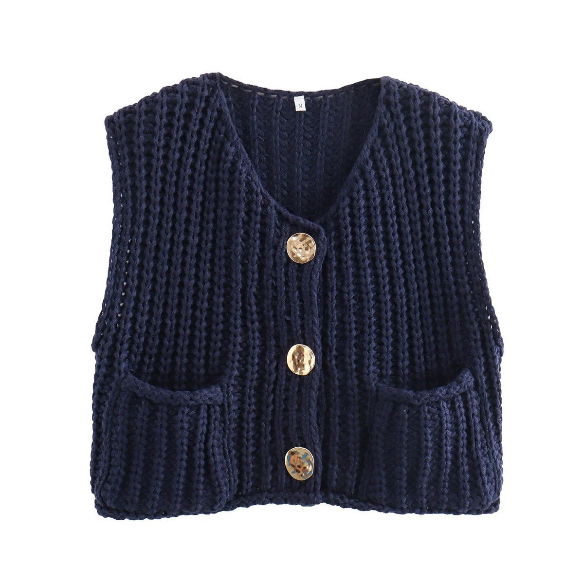 Gold-Button Chunky Knit Vest in Navy — flat front view