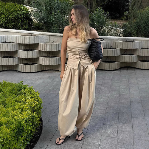 Cotton Balloon Lantern Pants in Khaki — front view on model