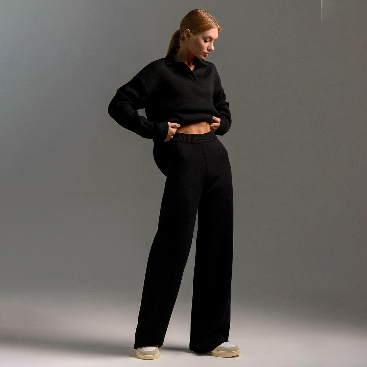 Polo Collar Knit Sweater & Wide-Leg Pants Set in Black — set worn on model, full length