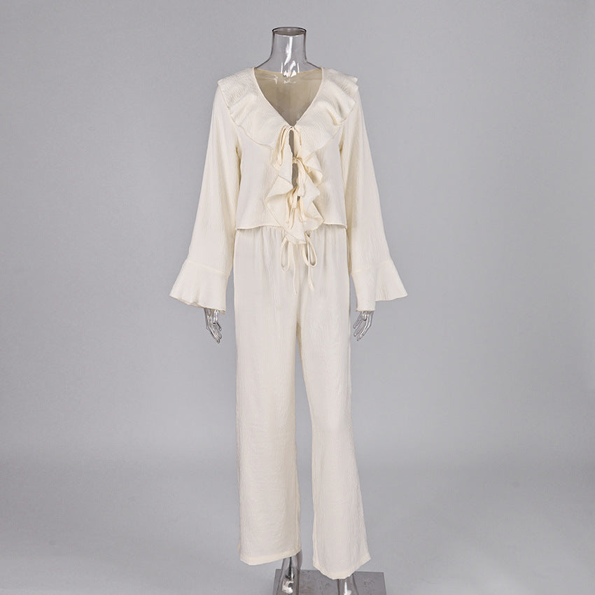 Ruffle Tie-Front Blouse and Wide-Leg Pants Set in Cream — front view on mannequin