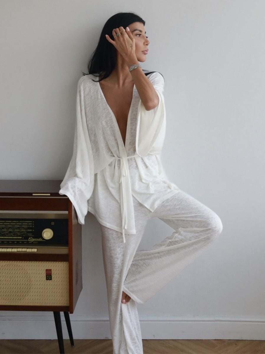Wrap Tie Top & Wide-Leg Lounge Pants Set in White — on model by radio