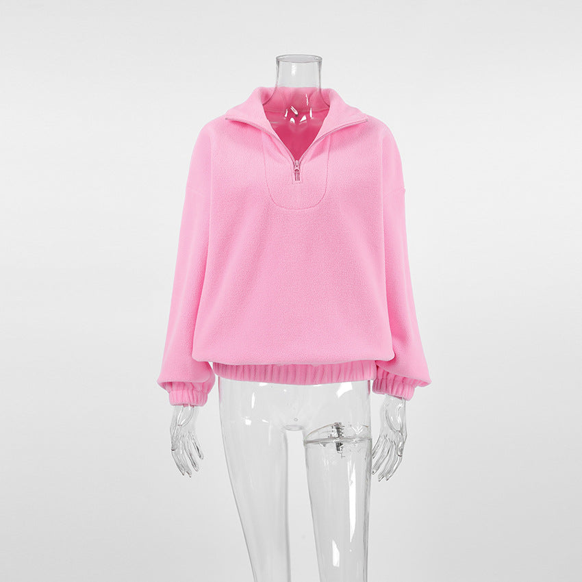 Relaxed Half-Zip Fleece Pullover with Elastic Hem in Pink — front view on mannequin