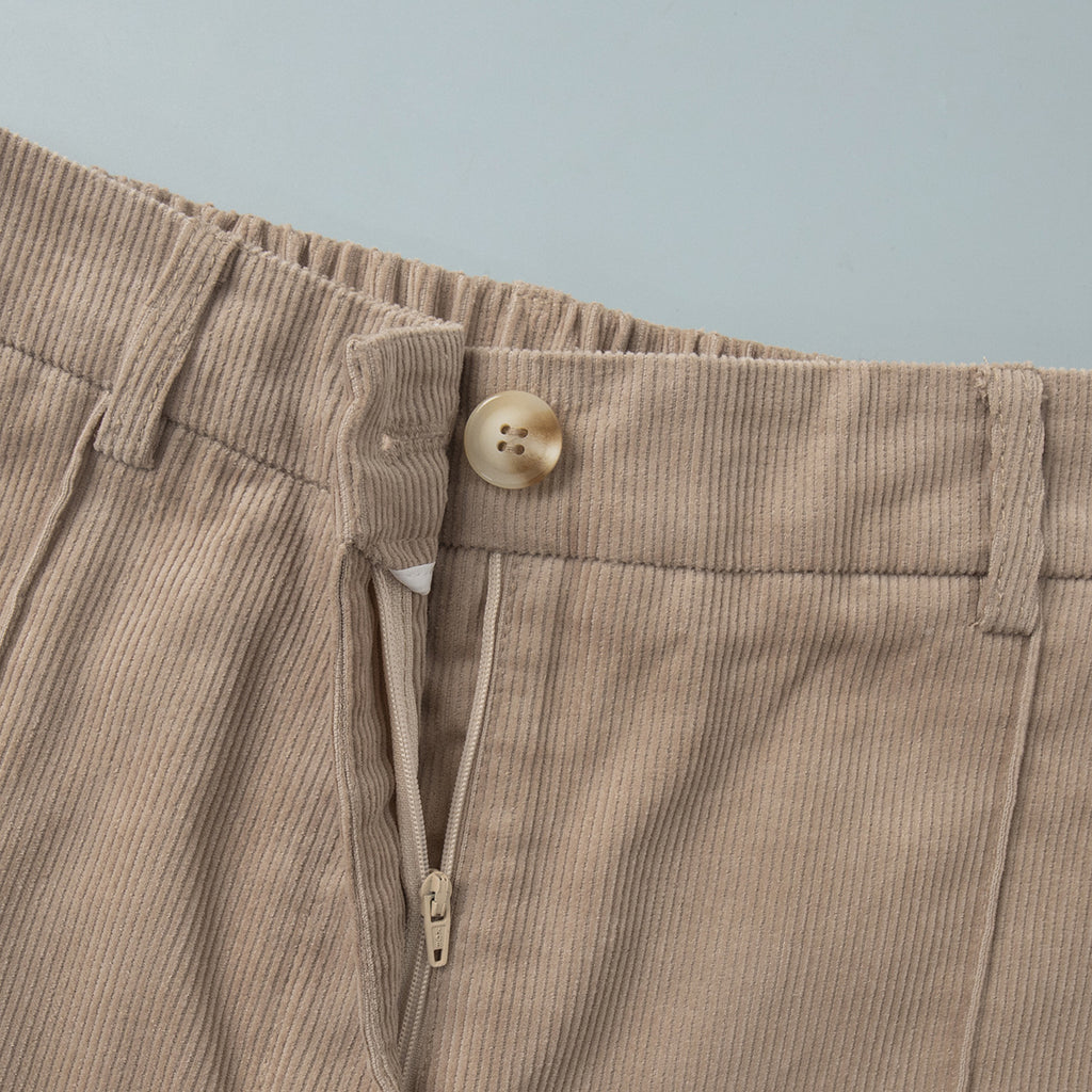 Cotton Corduroy Wide-Leg Pants with Pintuck Front in Light Khaki — close-up of the zip fly