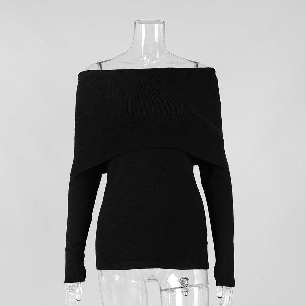 Off-Shoulder Fold-Over Knit Sweater in Black — front view