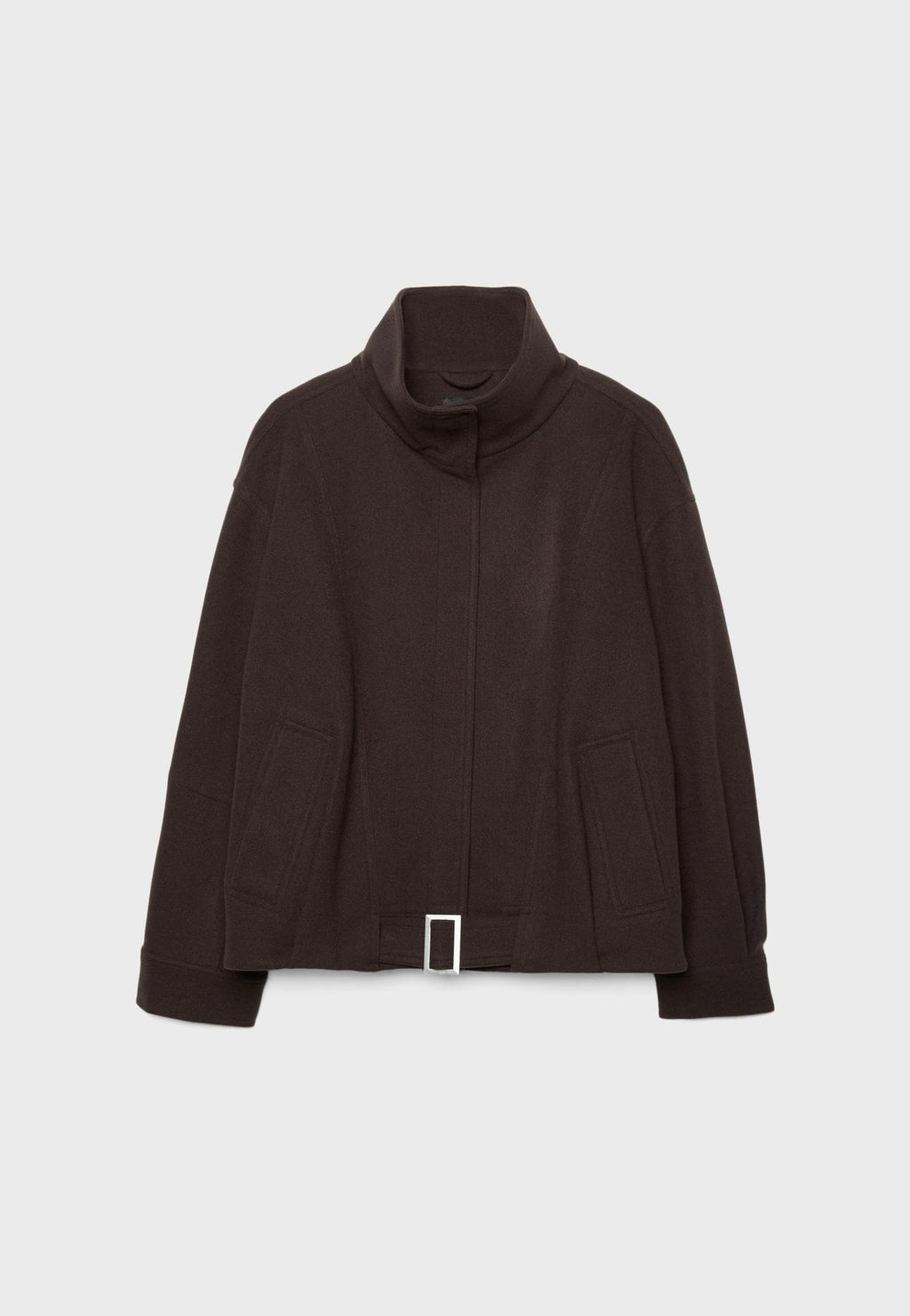Funnel Neck Wool-Look Jacket with Buckle Hem Strap in Dark Brown — laid flat, front view