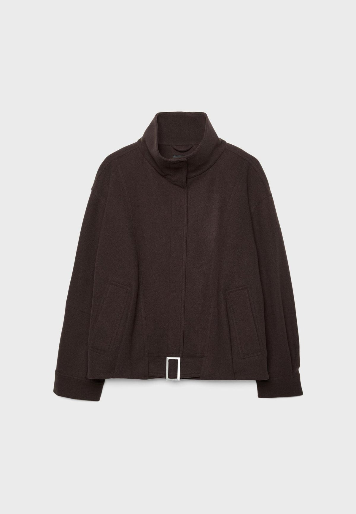 Funnel Neck Wool-Look Jacket with Buckle Hem Strap in Dark Brown — laid flat, front view