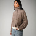 Cropped Houndstooth Jacket with Buttoned High Collar in Brown Houndstooth — front view on model, collar buttoned