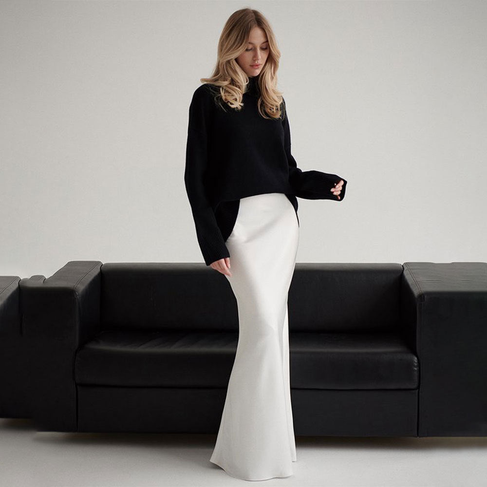 Satin Fishtail Maxi Skirt in White — front view on model