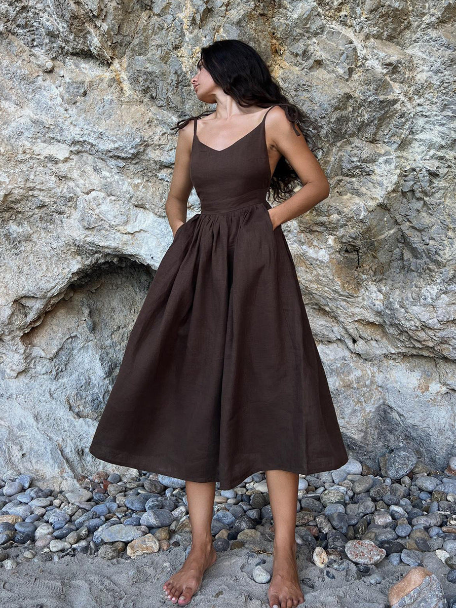 Tie-Shoulder Open-Back Cotton Maxi Dress in Chocolate — front view on model