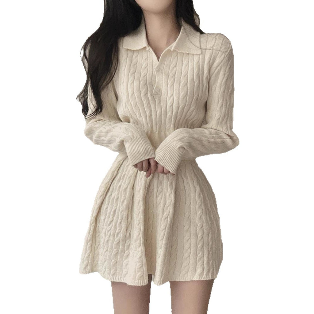 Cable-Knit Polo Sweater & Flared Mini Skirt Set in Apricot — front view on model