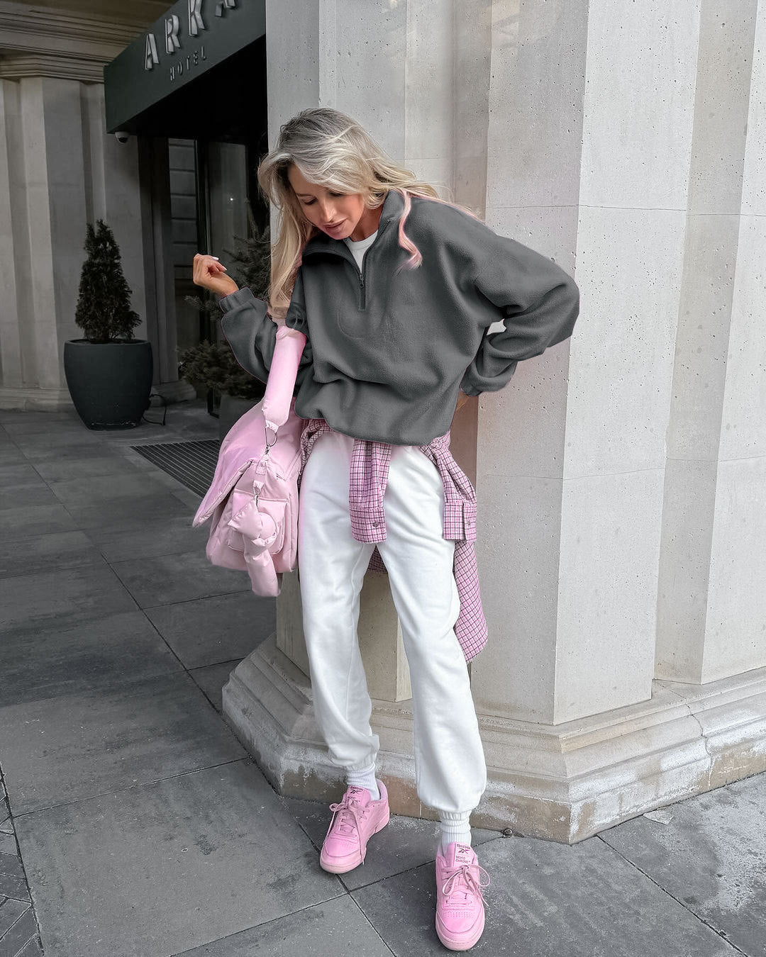 Relaxed Half-Zip Fleece Pullover with Elastic Hem in Charcoal — full-length view on model