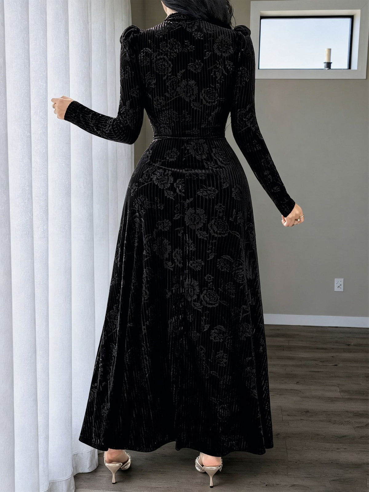 Plus-Size Floral Velvet Maxi Dress with Twist Waist in Black — back view on model