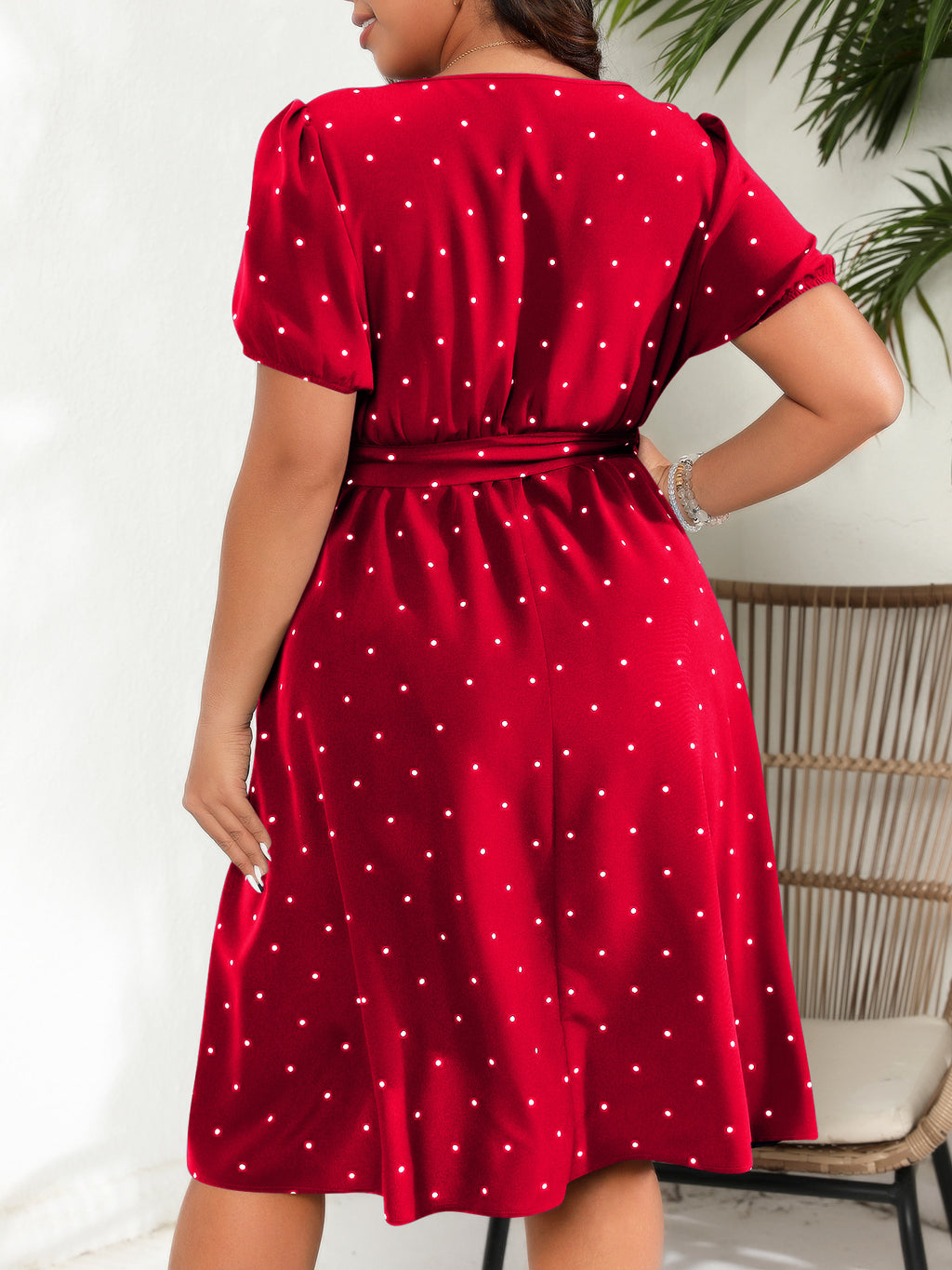 Plus-Size Polka Dot Square-Neck Midi Dress with Tie Waist in Red — back view on model