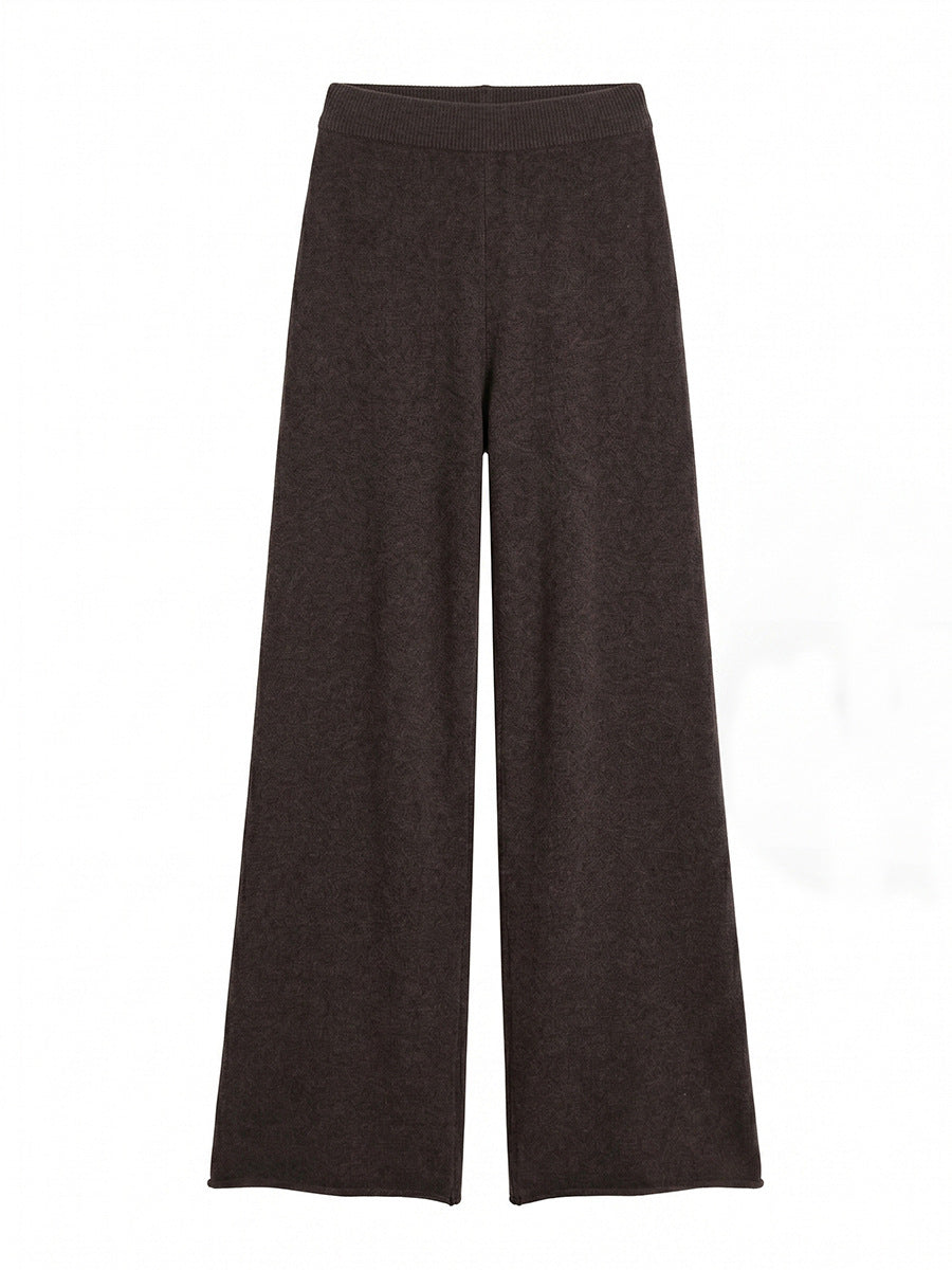 Oversized Wool-Blend Sweater & Wide-Leg Knit Pants Set with Contrast Trim in Espresso — pants front view