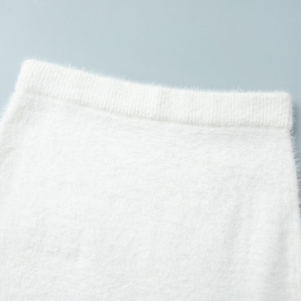 Fuzzy Knit Button Cardigan & Maxi Skirt Set in Winter White — close-up of the skirt waistband