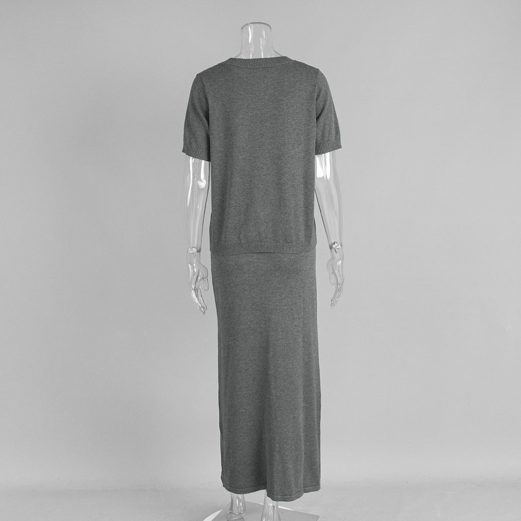 Short Sleeve Knit Top & Maxi Skirt Set in Charcoal — back view on mannequin