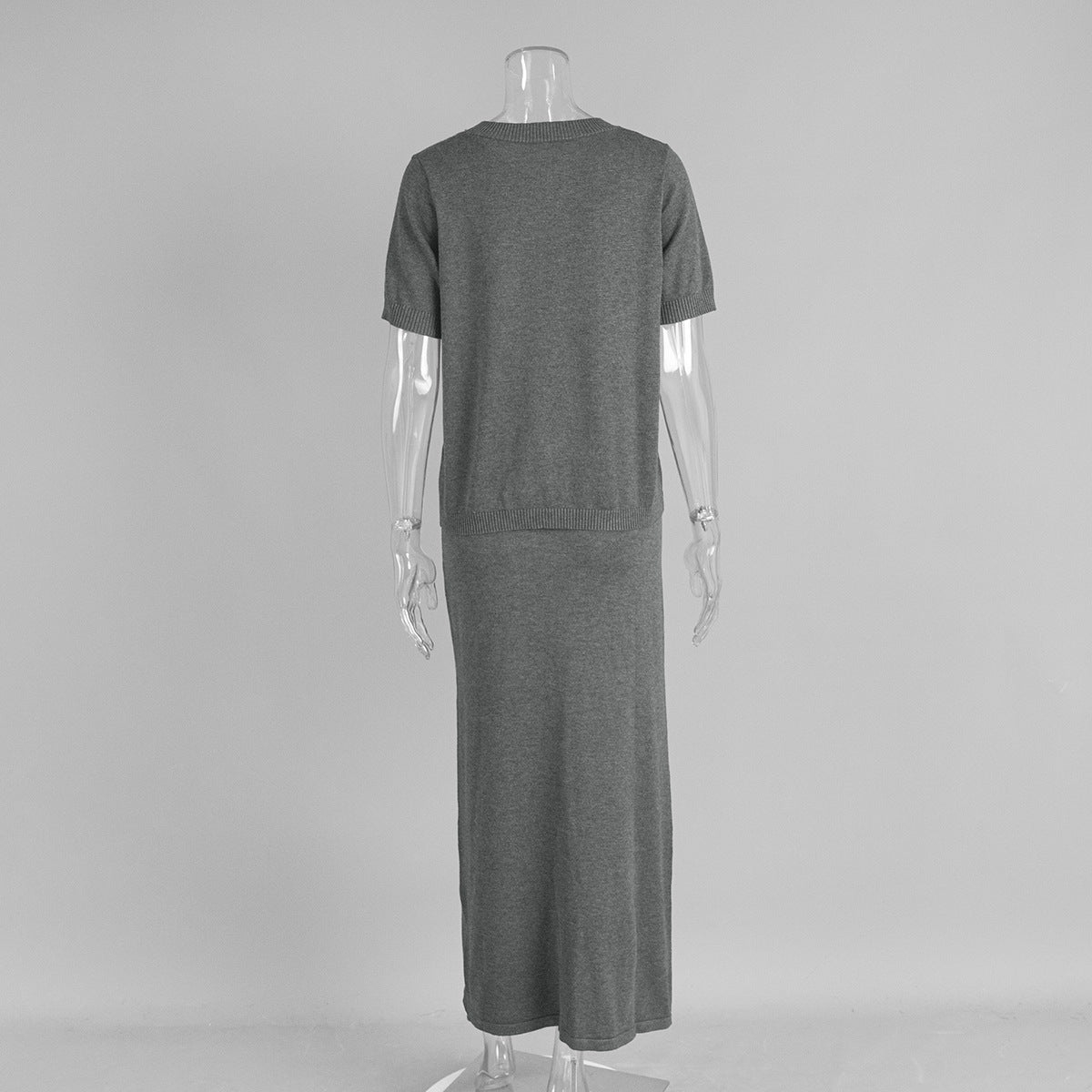 Short Sleeve Knit Top & Maxi Skirt Set in Charcoal — back view on mannequin