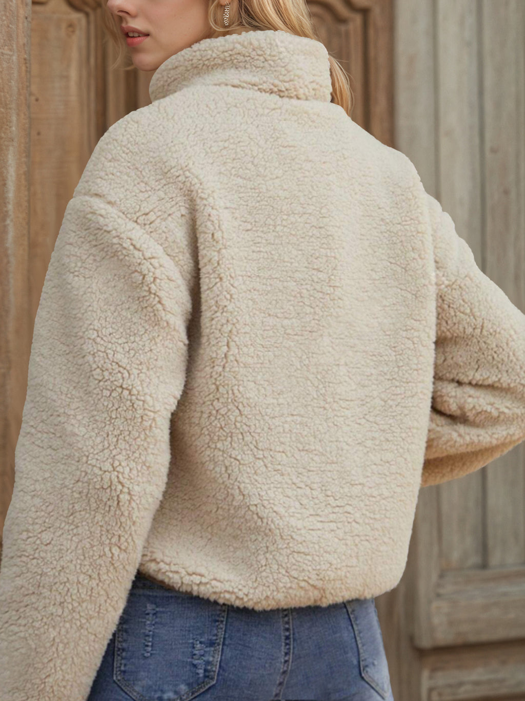 Teddy Fleece Zip-Up Jacket with Contrast Pockets in Ivory — back view on model