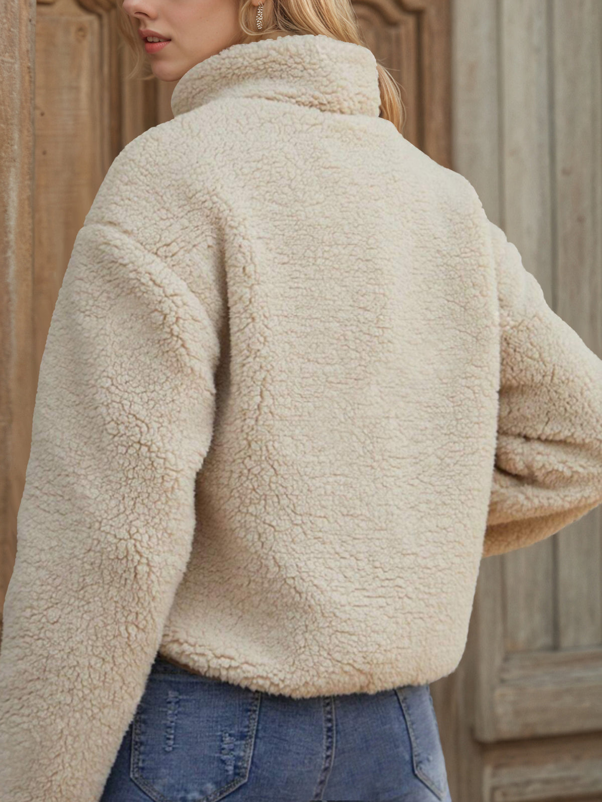 Teddy Fleece Zip-Up Jacket with Contrast Pockets in Ivory — back view on model