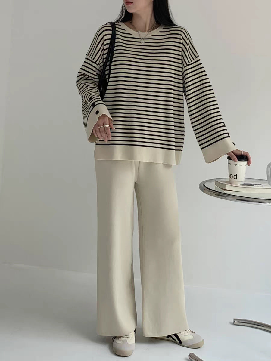 Striped Knit Top and Wide-Leg Pants Set in Ivory Stripe — front view on model or garment