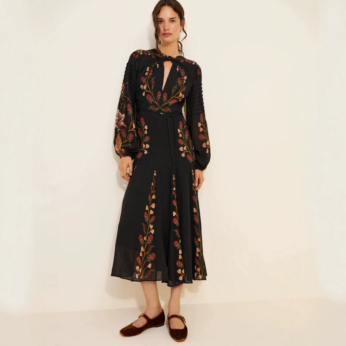 Floral Print Keyhole Midi Dress with Balloon Sleeves in Black — full-length view on model